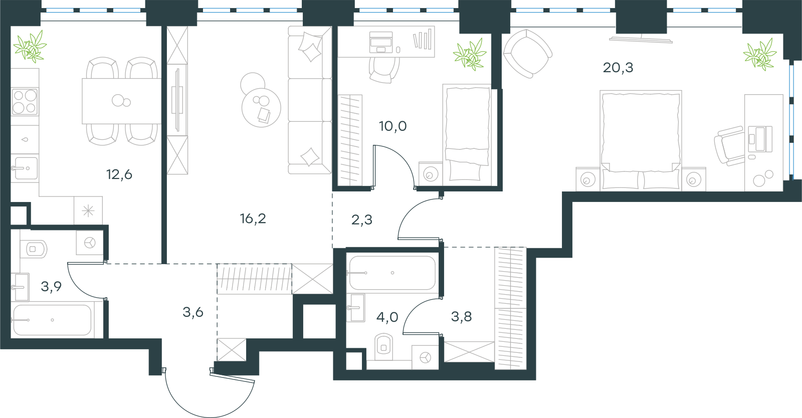 Планировка: 3-комнатная, 79,1 м²