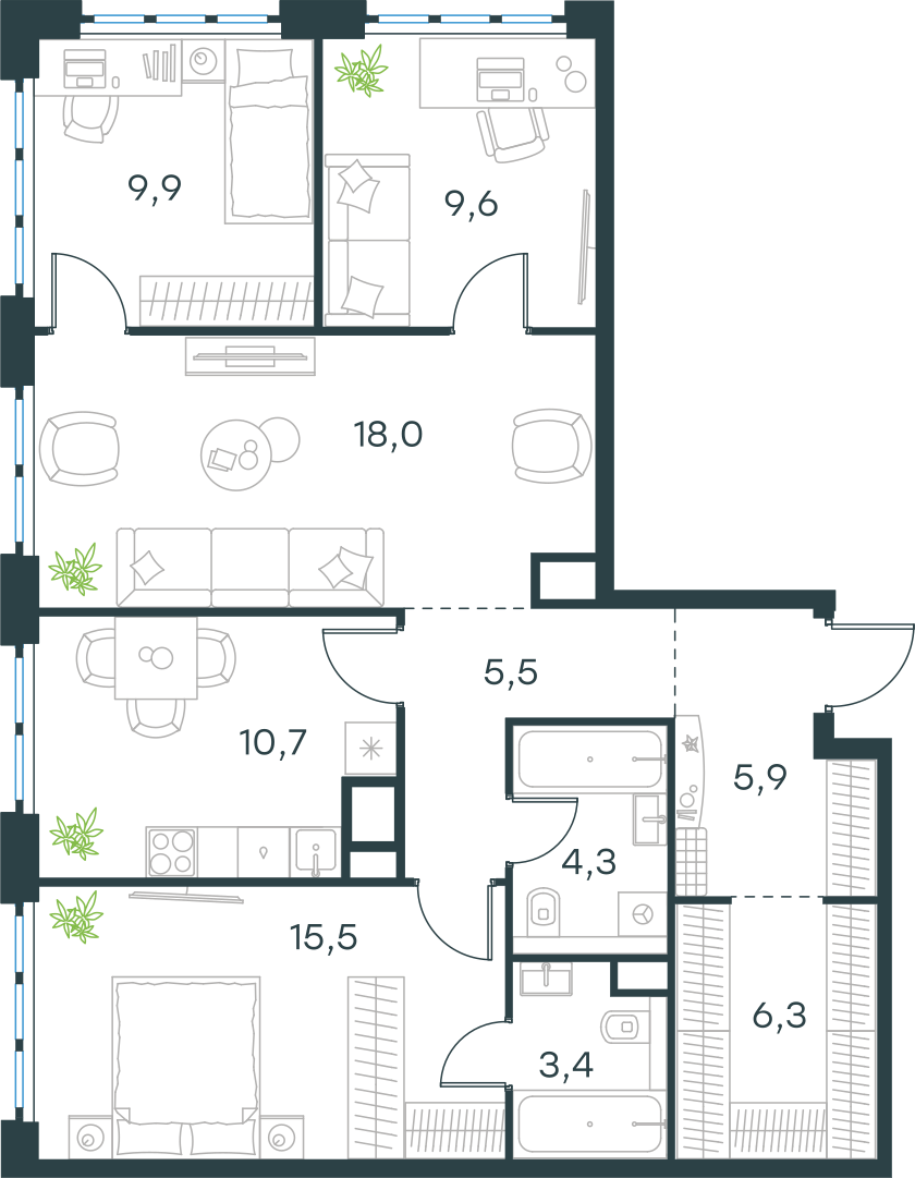 Планировка: 4-комнатная, 89,1 м²