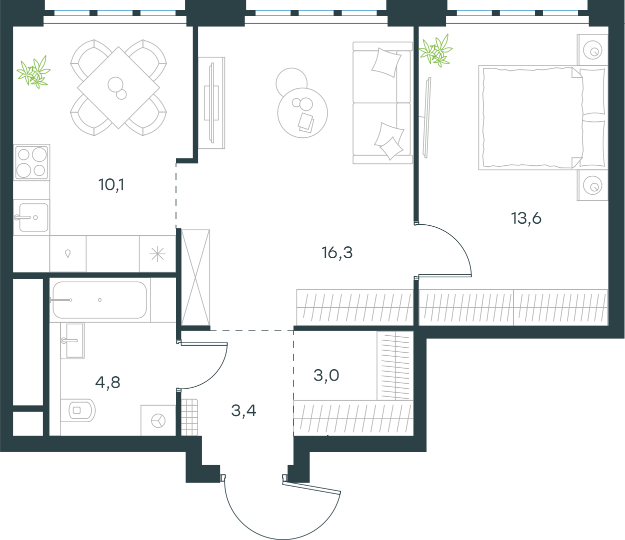 Планировка: 2-комнатная, 51,2 м²