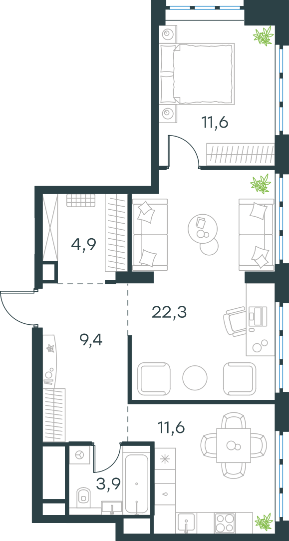 Планировка: 2-комнатная, 63,7 м²