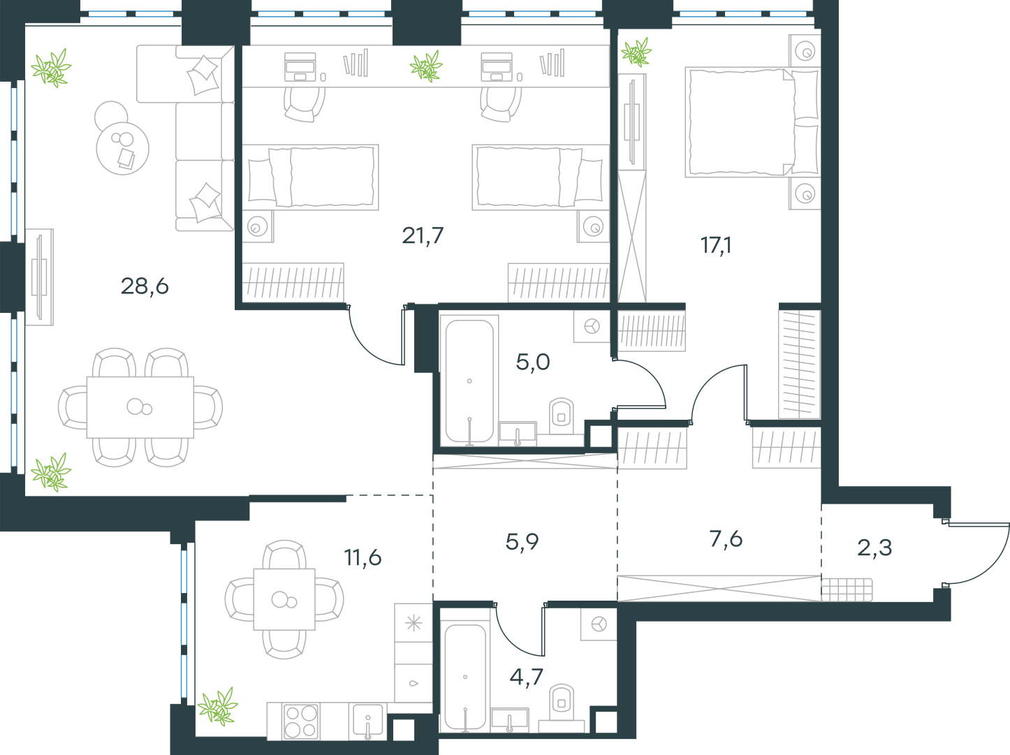 Планировка: 3-комнатная, 104,5 м²