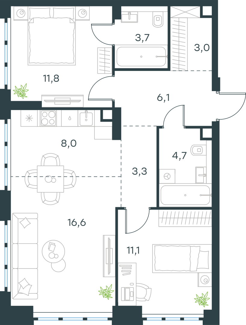 Планировка: 3-комнатная, 68,3 м²