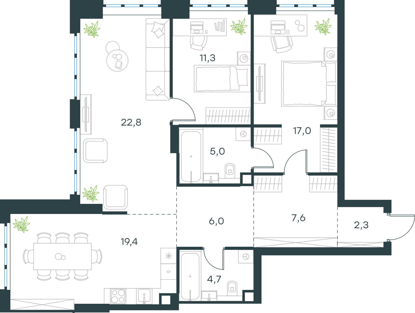Планировка: 3-комнатная, 96,1 м²
