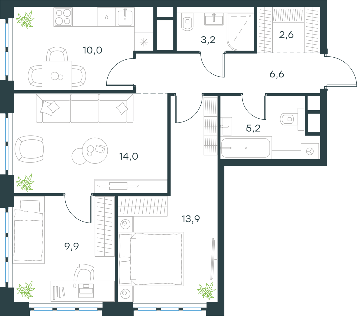 Планировка: 3-комнатная, 65,4 м²