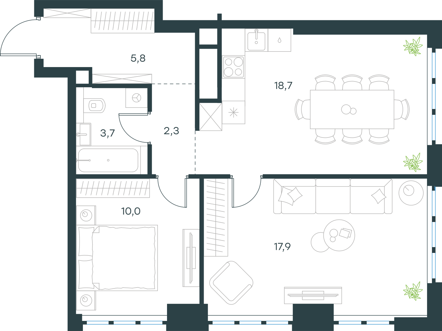 Планировка: 2-комнатная, 58,4 м²