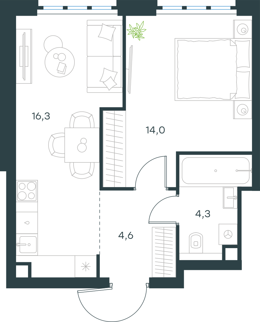 Планировка: 1-комнатная, 39,2 м²