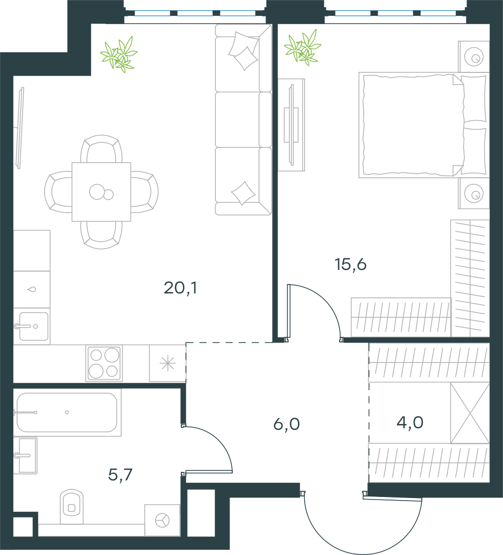 Планировка: 1-комнатная, 51,4 м²