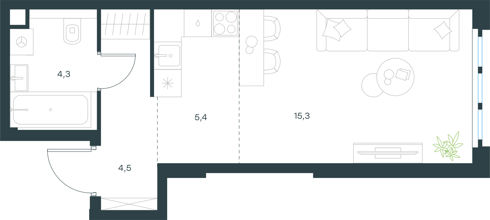 Планировка: Студия, 29,5 м²
