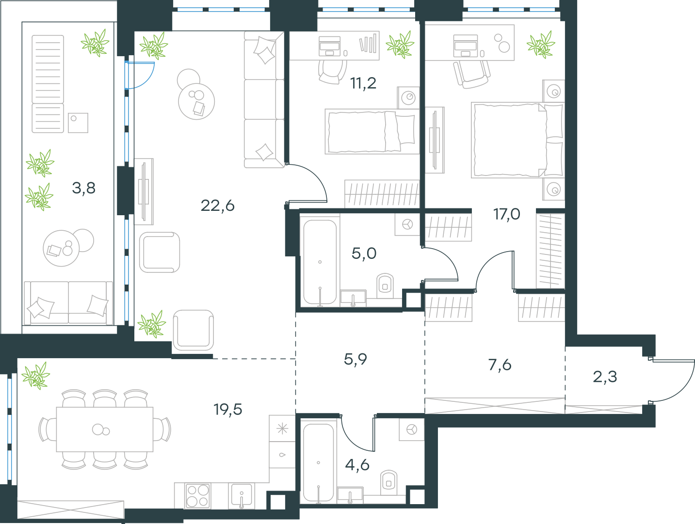 Планировка: 3-комнатная, 99,4 м²