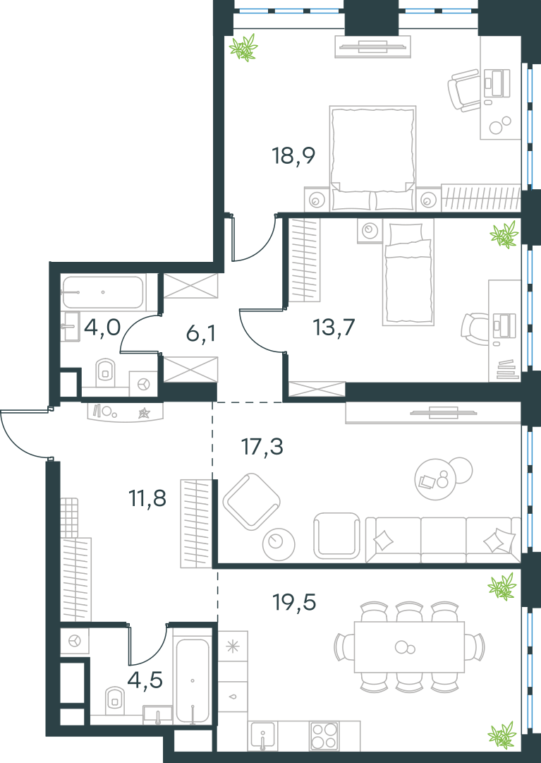 Планировка: 3-комнатная, 95,8 м²