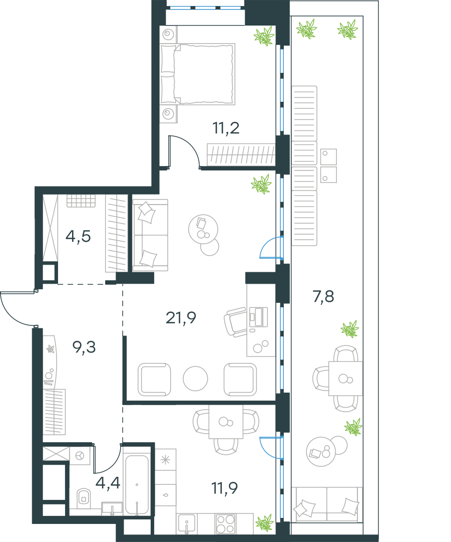 Планировка: 2-комнатная, 71,4 м²
