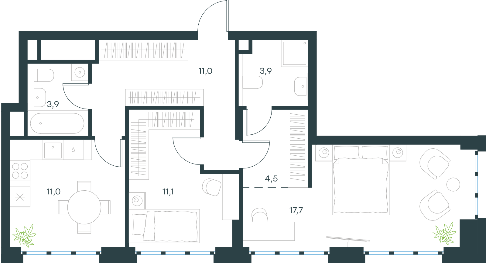 Планировка: 2-комнатная, 63,4 м²