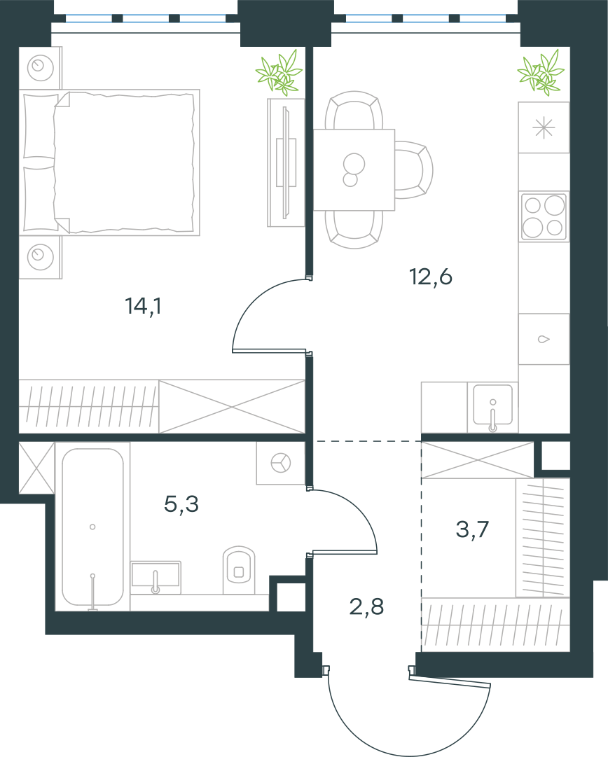 Планировка: 1-комнатная, 38,5 м²