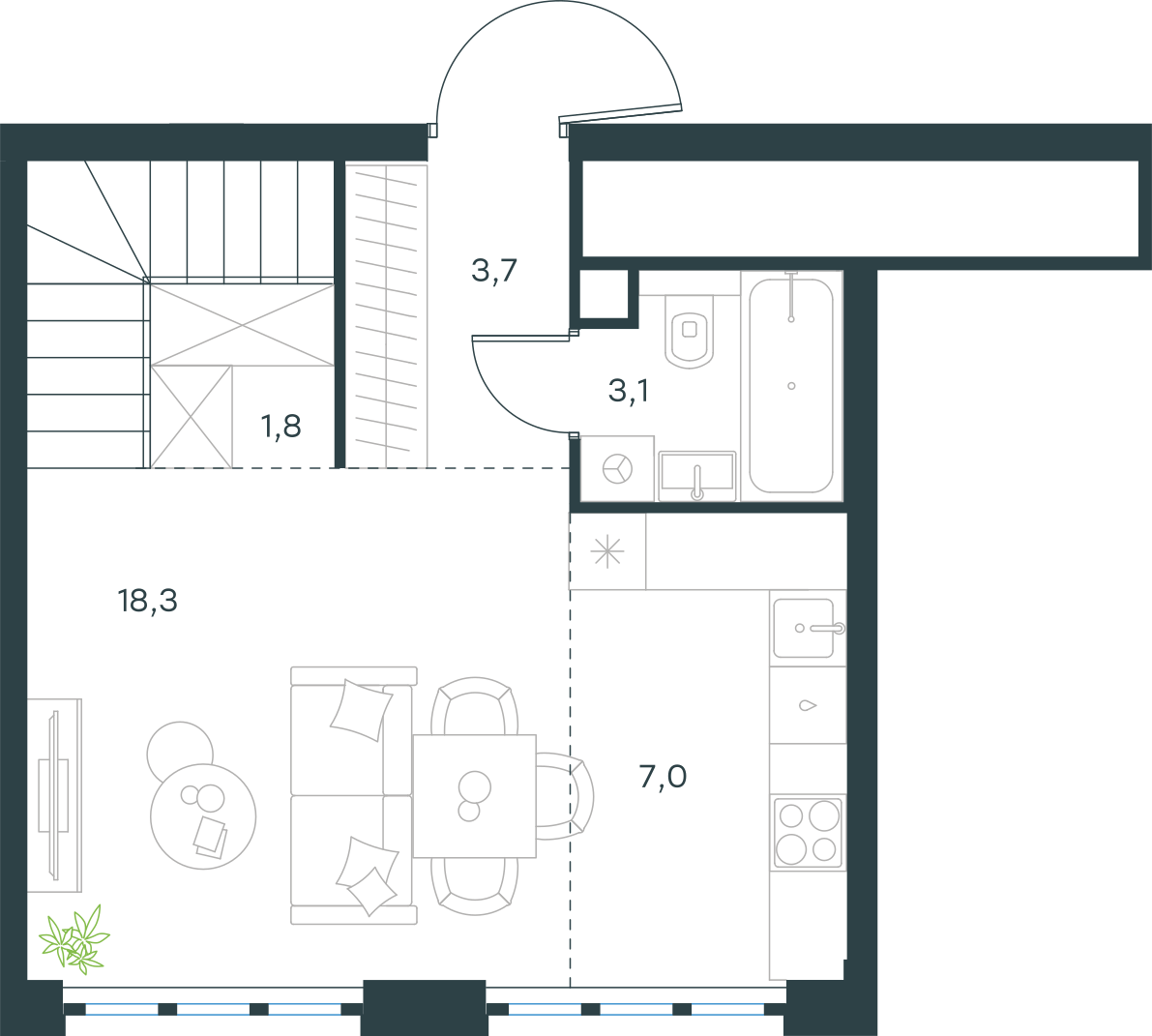 Планировка: Пентхаус, 63,6 м²