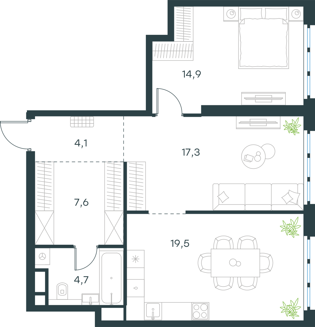 Планировка: 2-комнатная, 68,1 м²