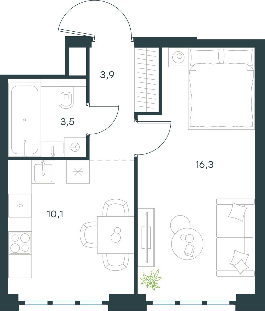 Планировка: 1-комнатная, 33,8 м²