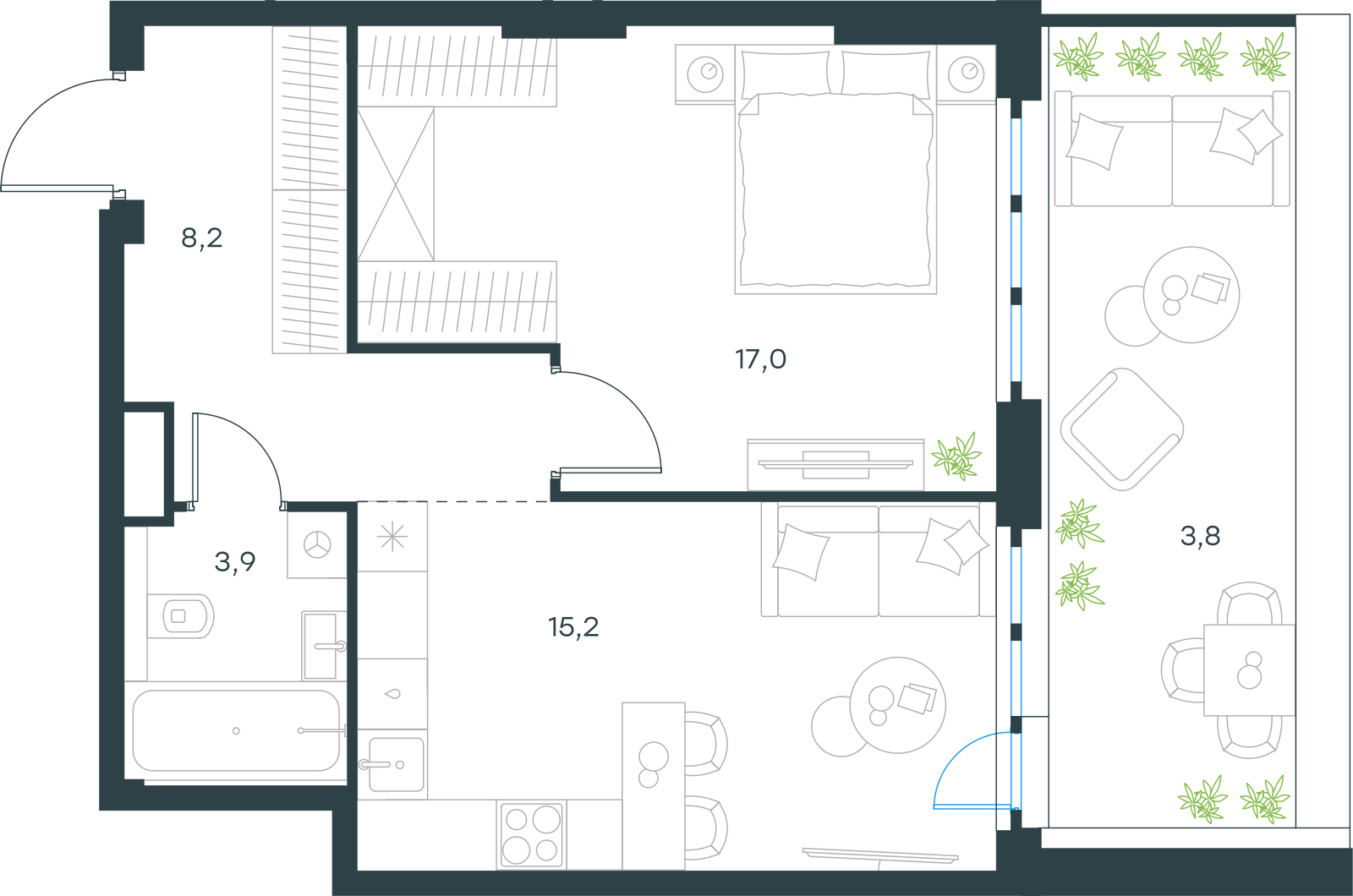 Планировка: 1-комнатная, 48,1 м²