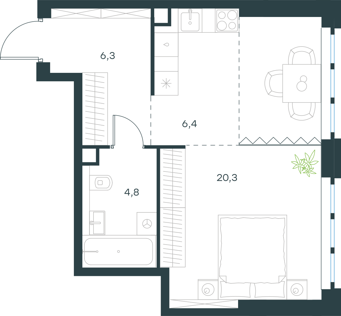 Планировка: 1-комнатная, 37,8 м²