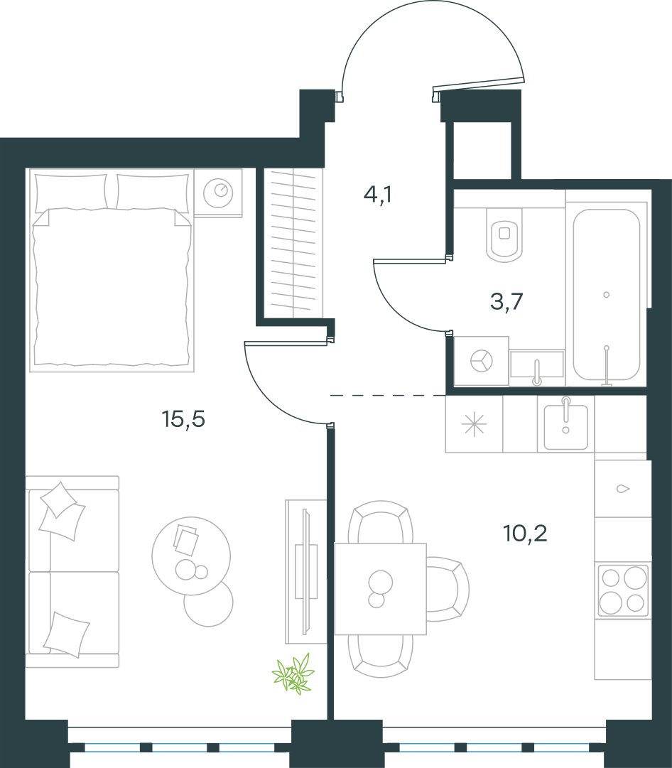 Планировка: 1-комнатная, 33,5 м²