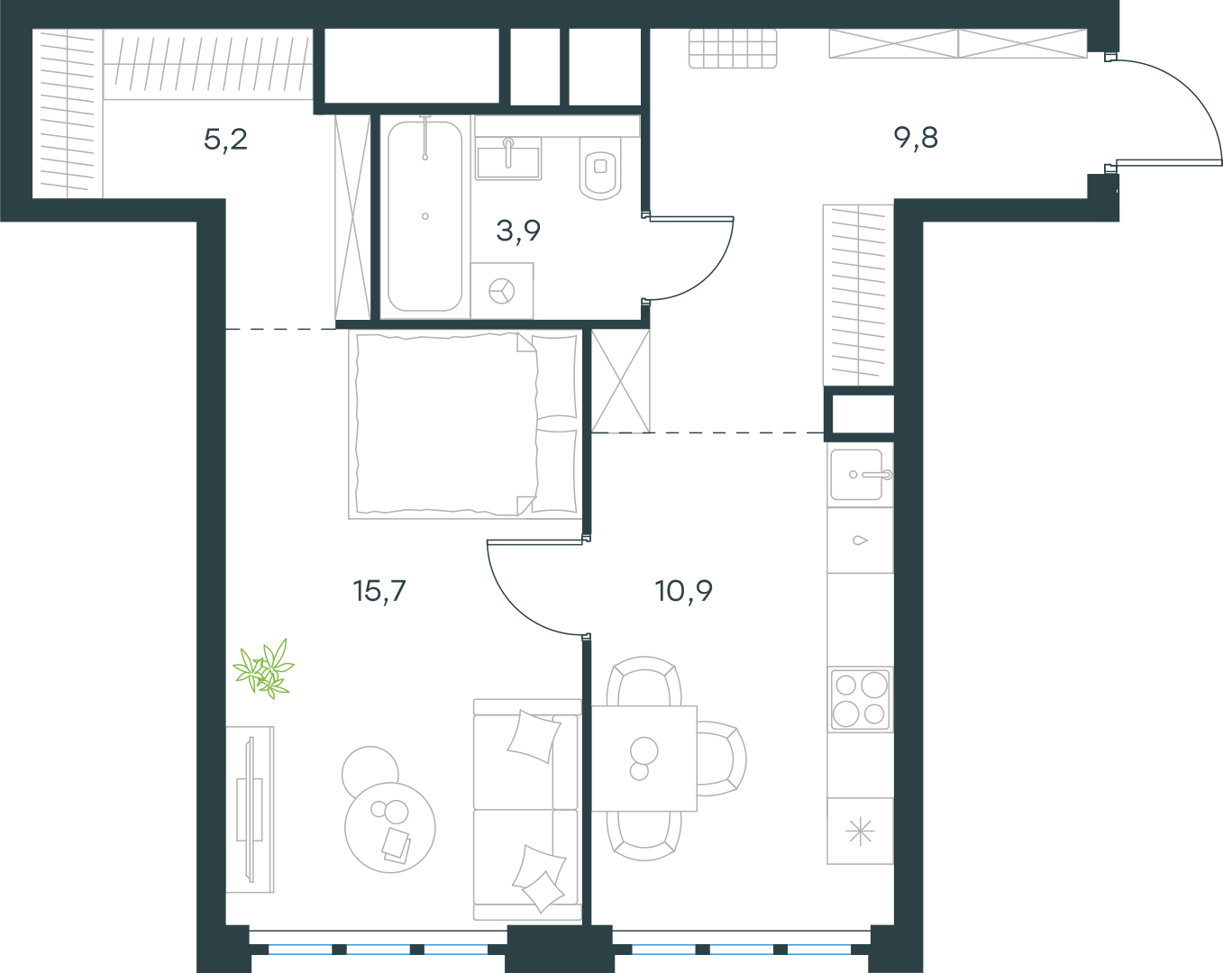 Планировка: 1-комнатная, 45,5 м²