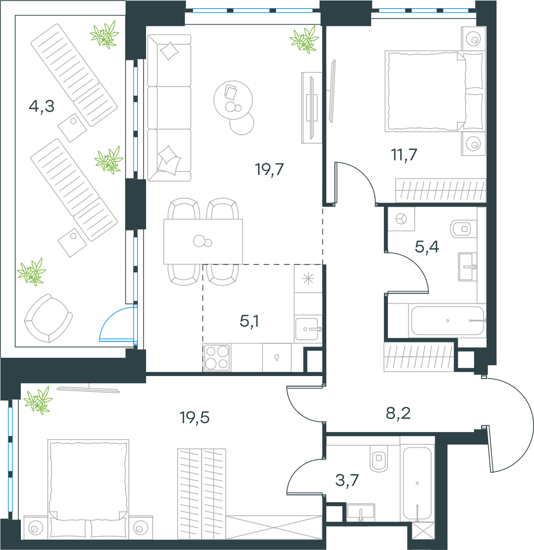 Планировка: 3-комнатная, 77,6 м²