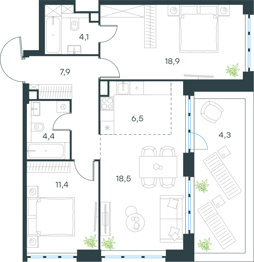 Планировка: 3-комнатная, 76 м²