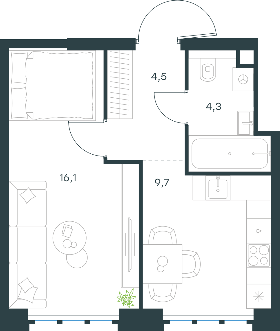 Планировка: 1-комнатная, 34,6 м²