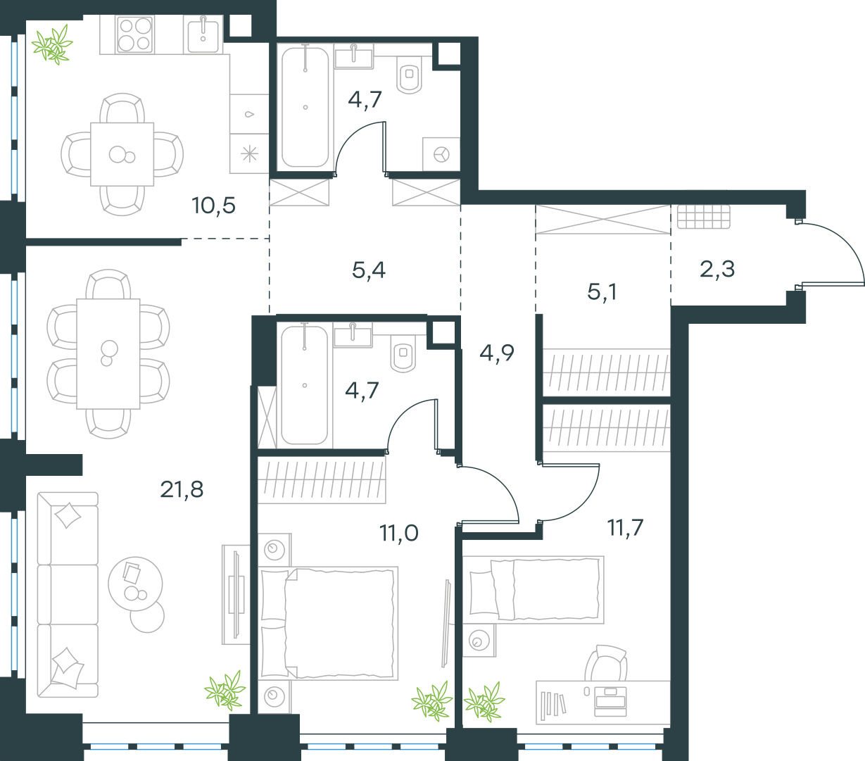 Планировка: 3-комнатная, 82,1 м²