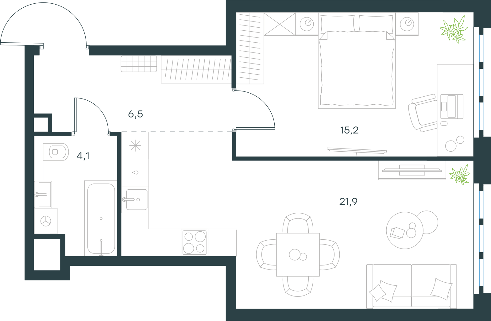 Планировка: 1-комнатная, 47,7 м²