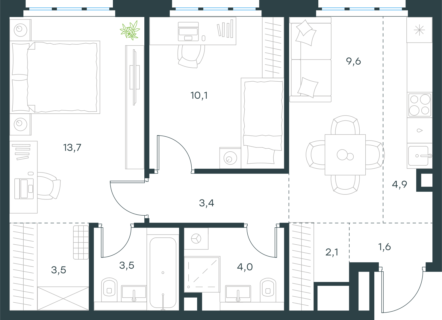 Планировка: 3-комнатная, 56,4 м²