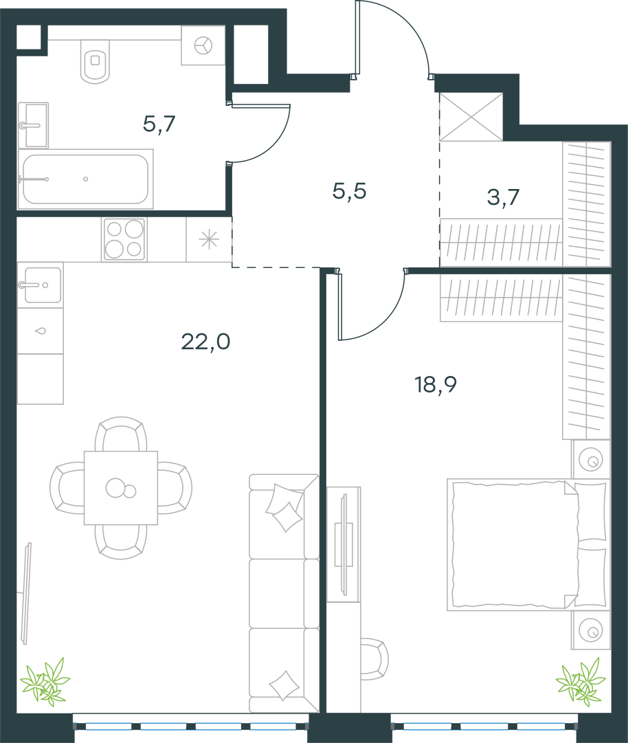 Планировка: 1-комнатная, 55,8 м²