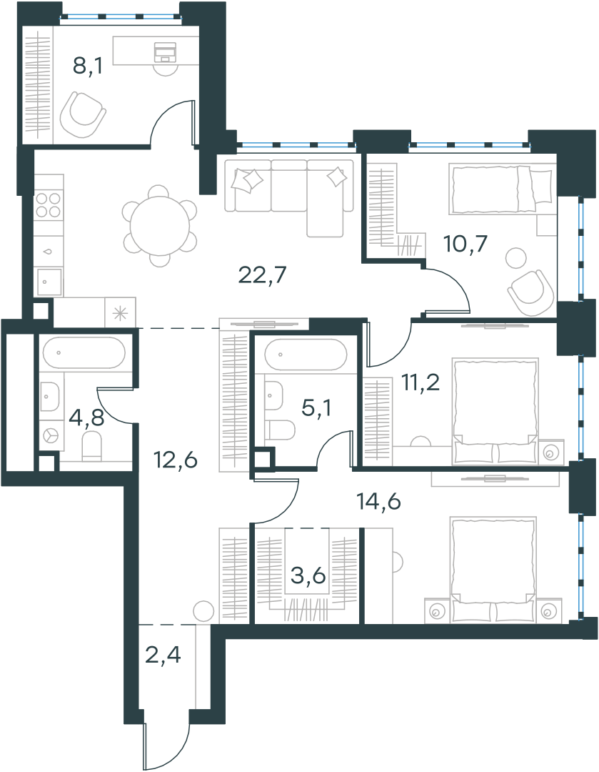 Планировка: 3-комнатная, 96,2 м²