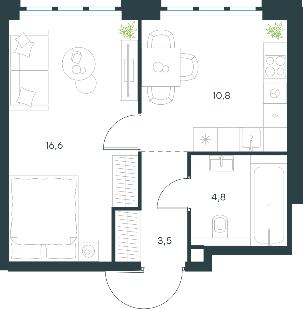 Планировка: 1-комнатная, 35,7 м²