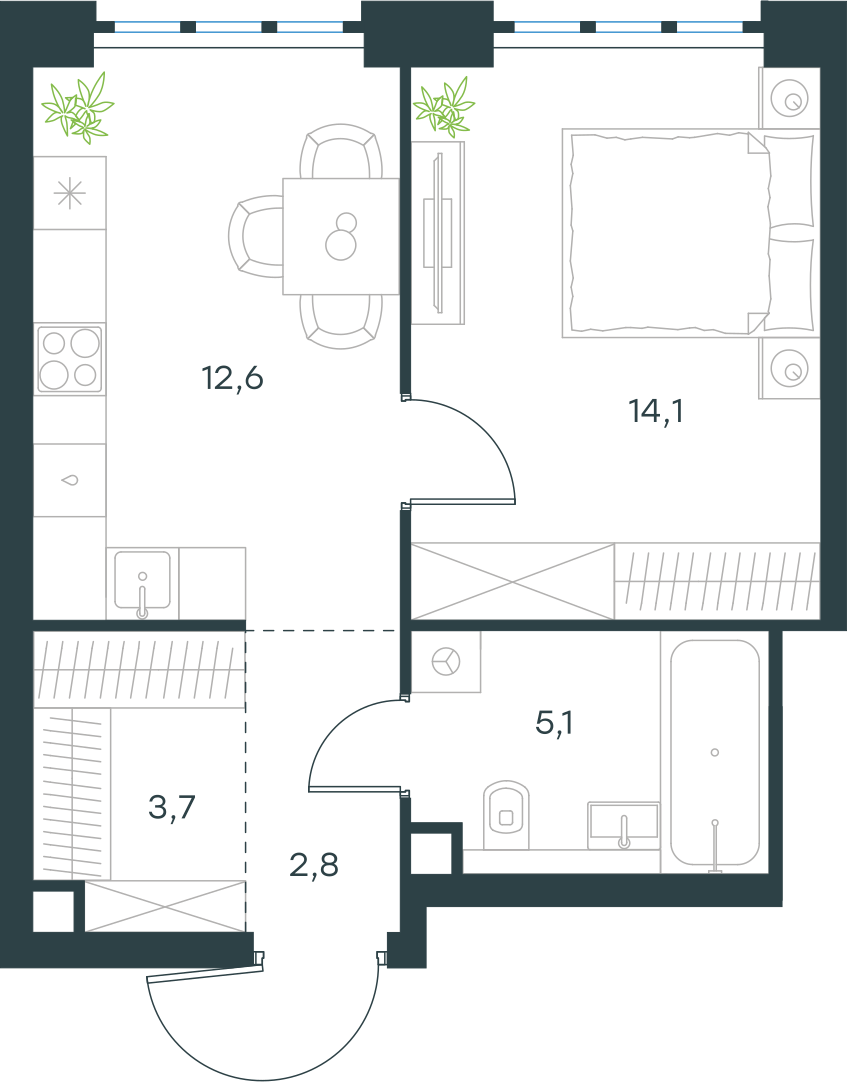 Планировка: 1-комнатная, 38,3 м²