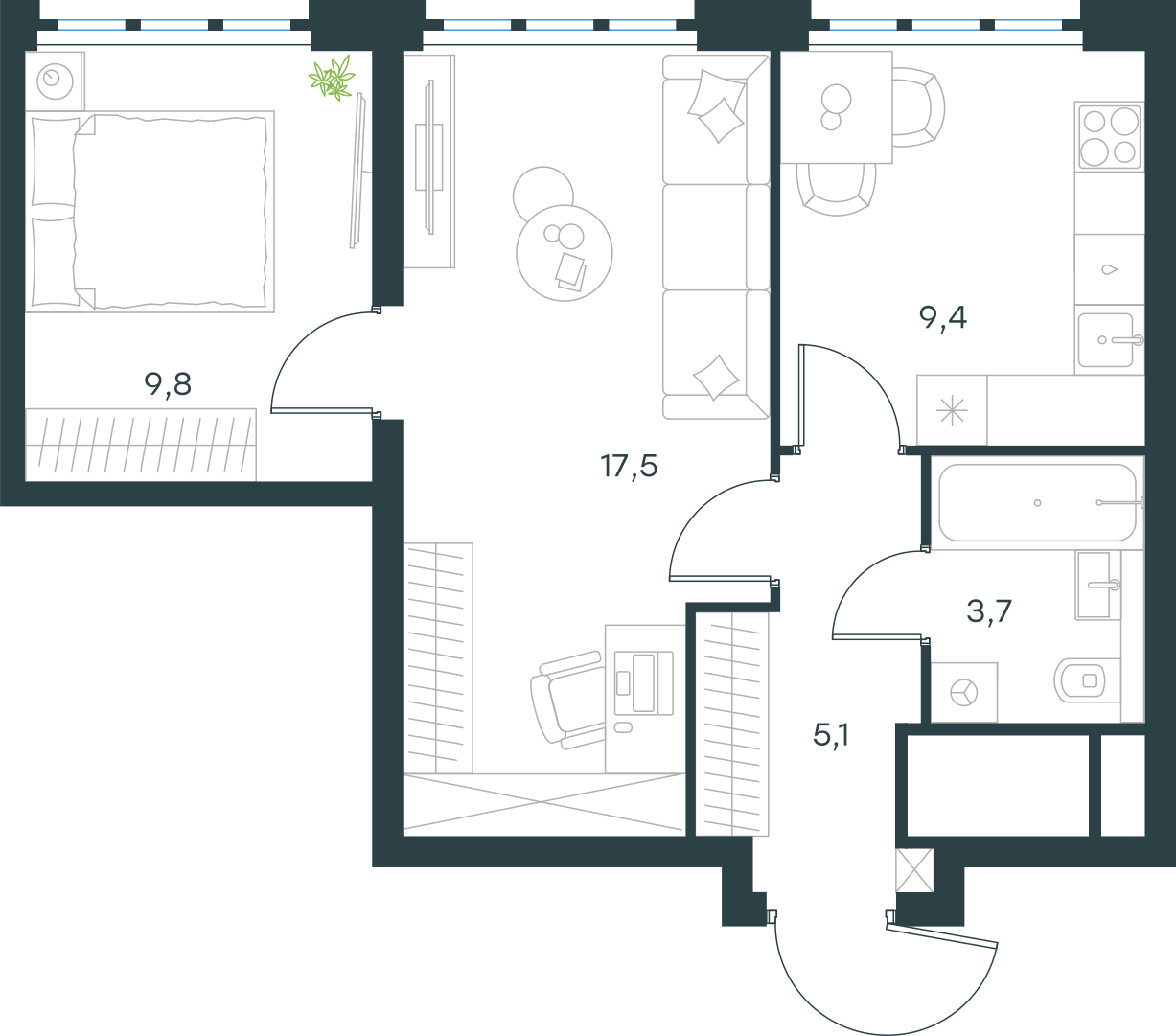 Планировка: 2-комнатная, 45,5 м²