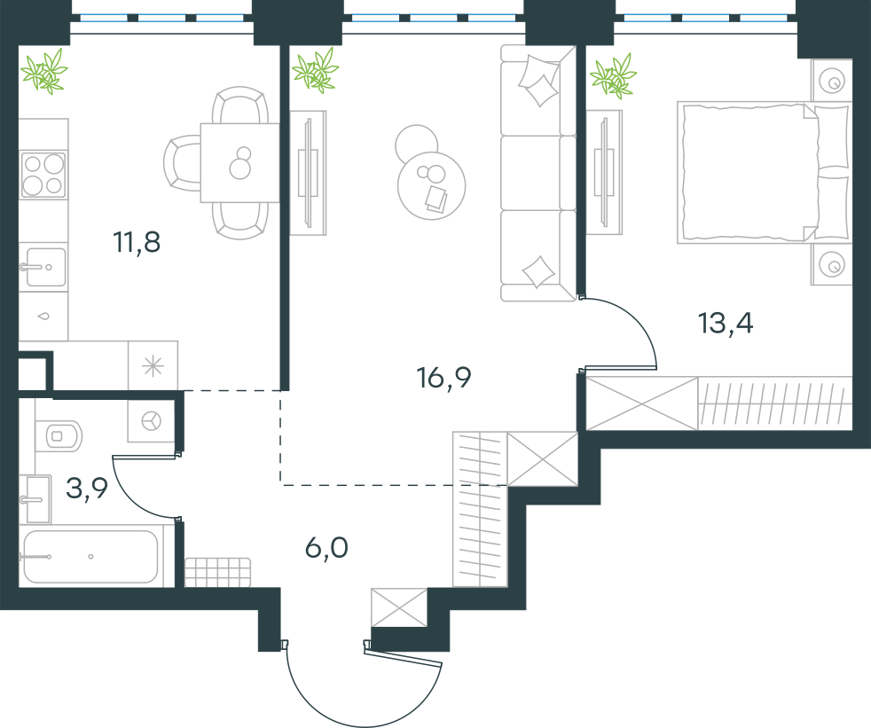 Планировка: 2-комнатная, 52 м²
