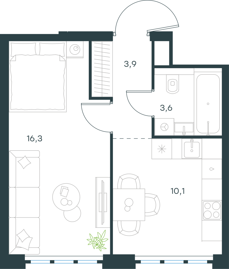 Планировка: 1-комнатная, 33,9 м²