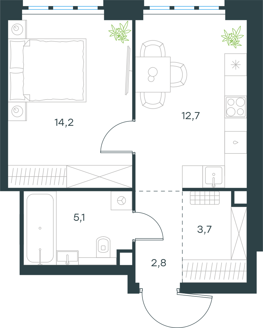Планировка: 1-комнатная, 38,5 м²