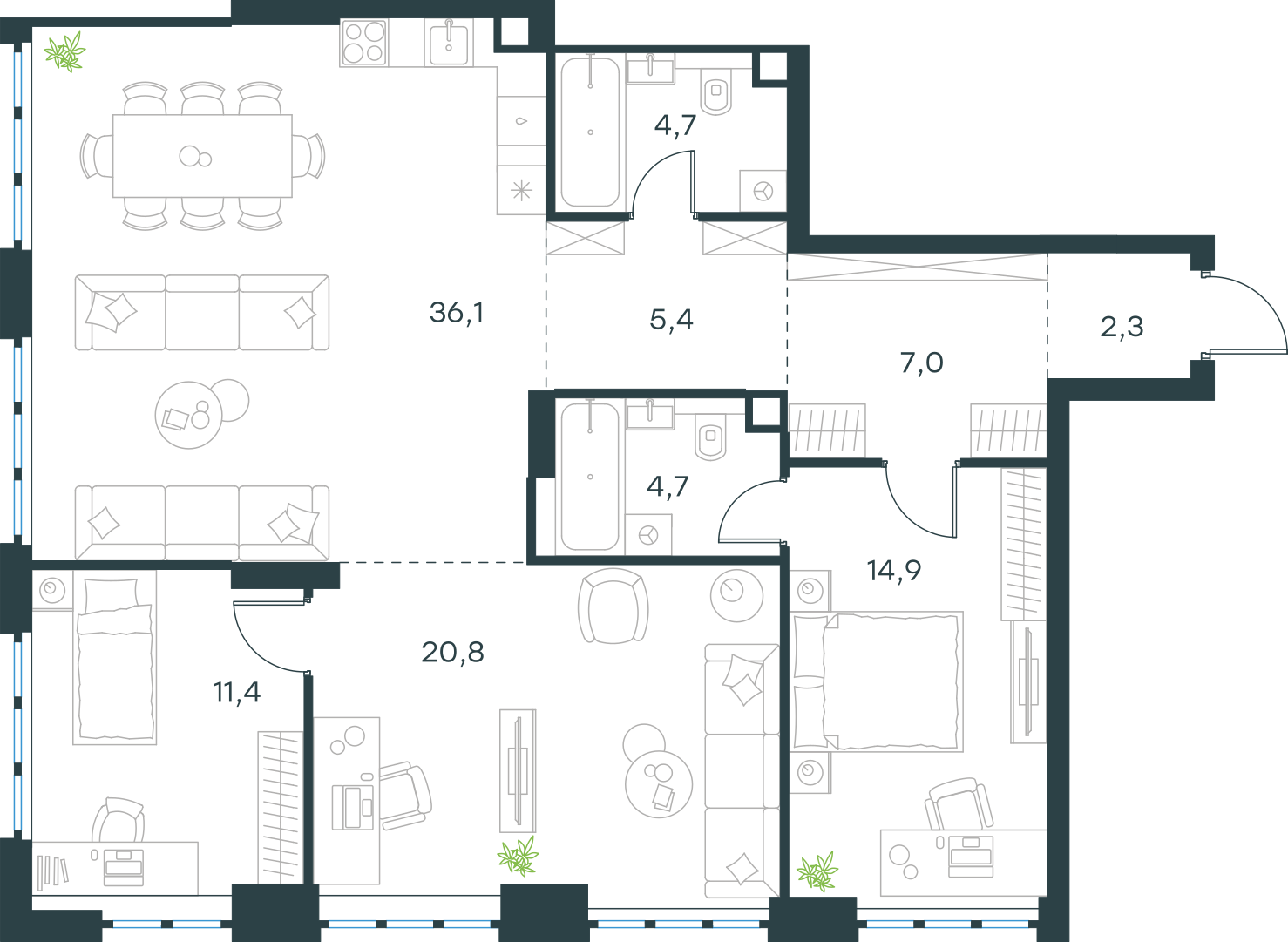 Планировка: 3-комнатная, 107,3 м²