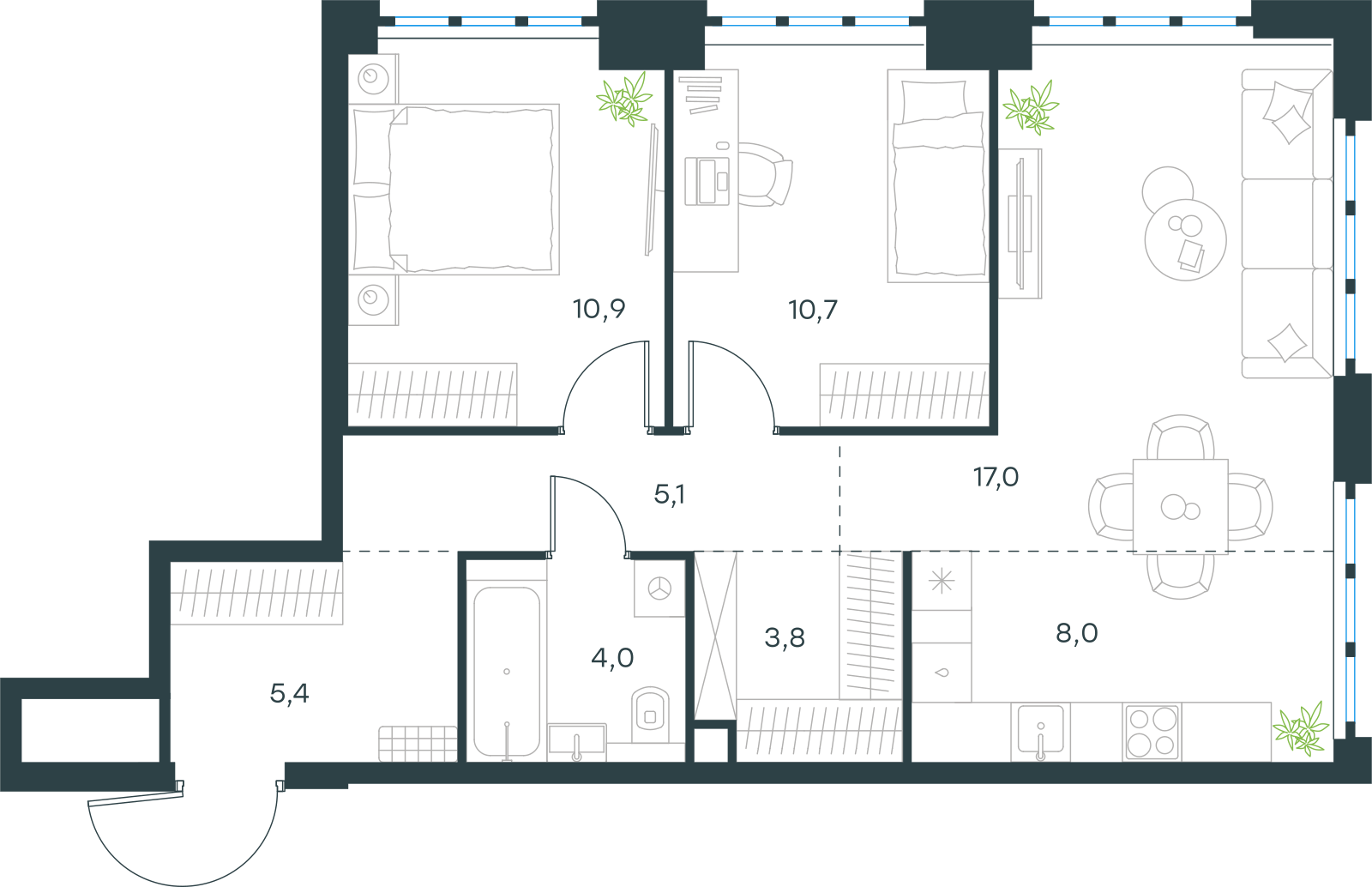 Планировка: 3-комнатная, 64,9 м²