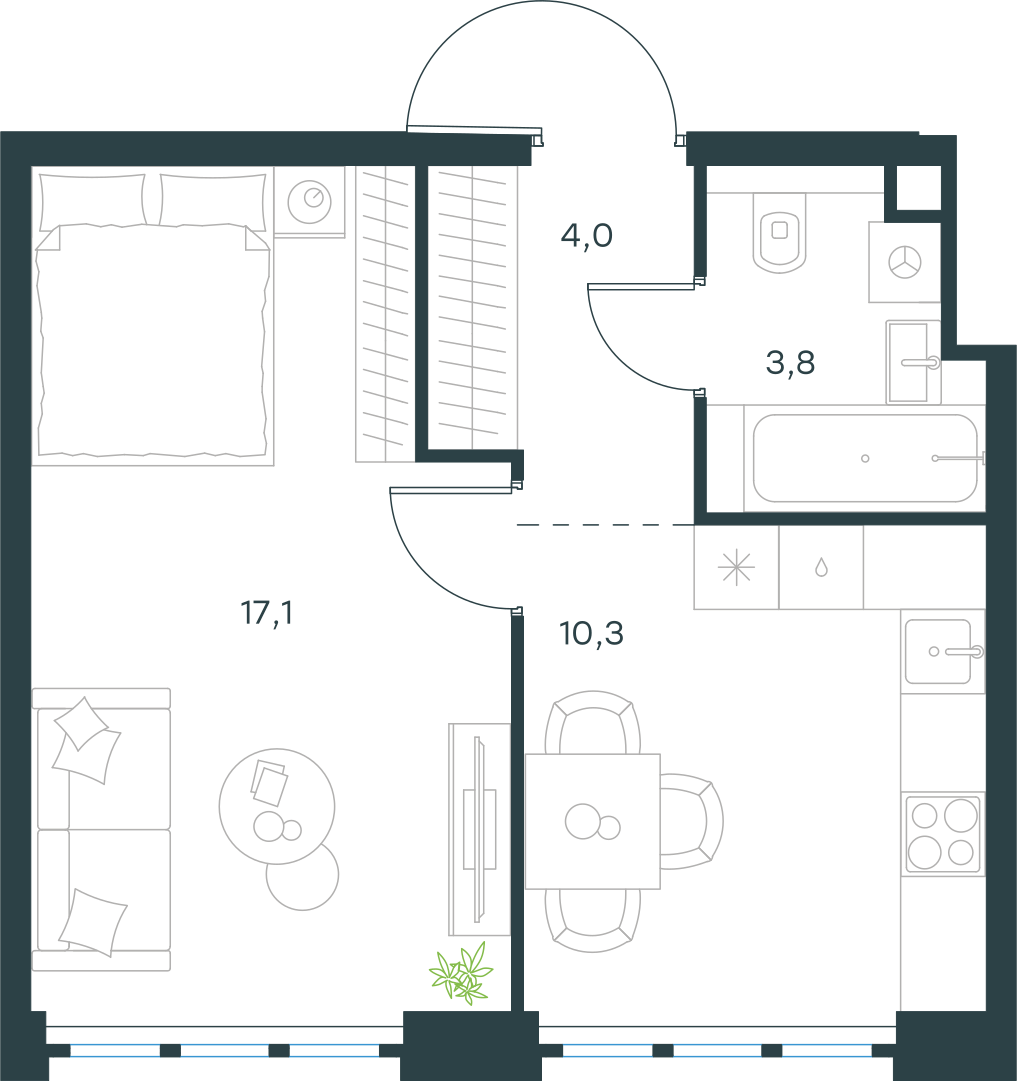 Планировка: 1-комнатная, 35,2 м²