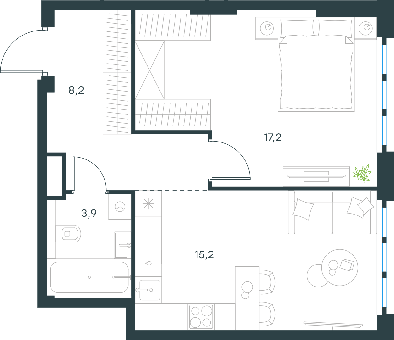 Планировка: 1-комнатная, 44,5 м²