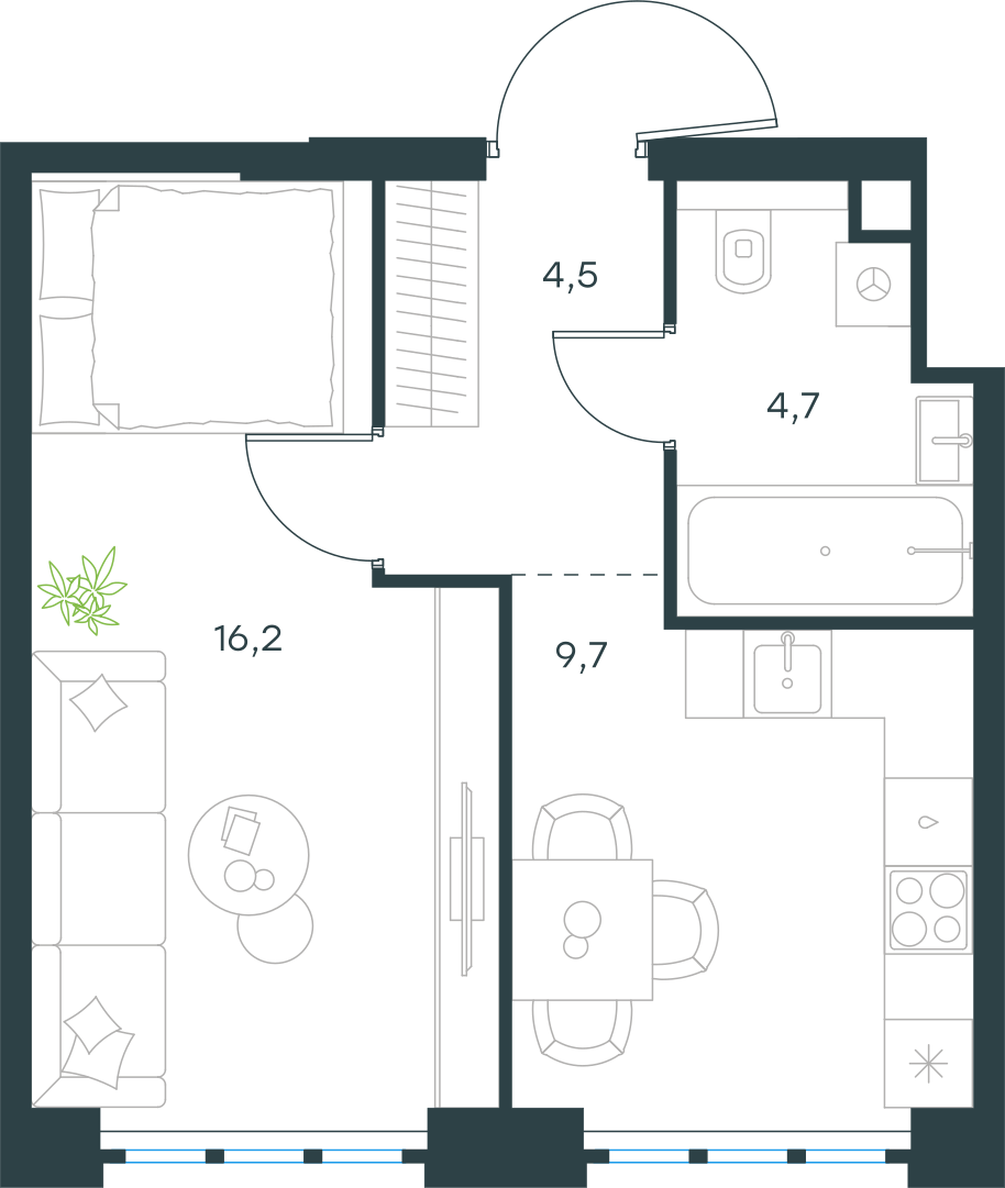 Планировка: 1-комнатная, 35 м²