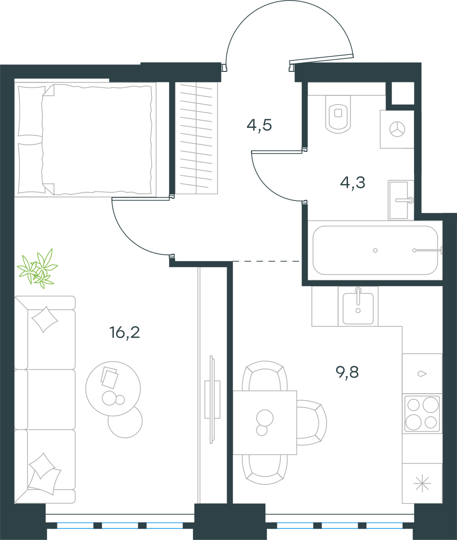 Планировка: 1-комнатная, 34,8 м²