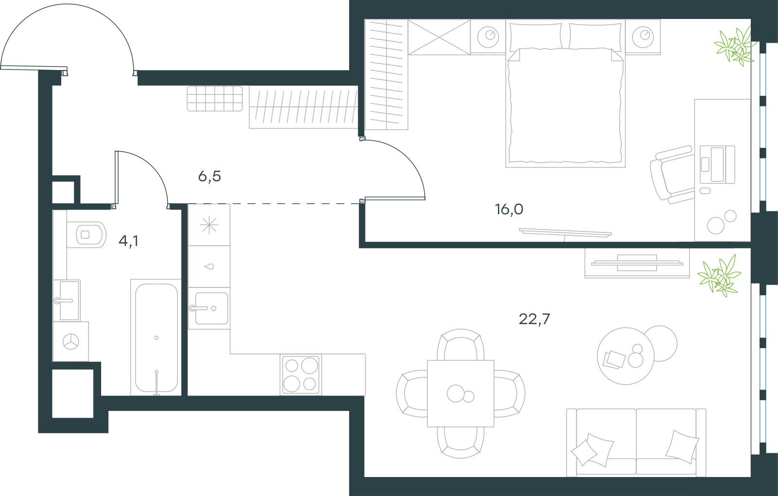 Планировка: 1-комнатная, 49,3 м²