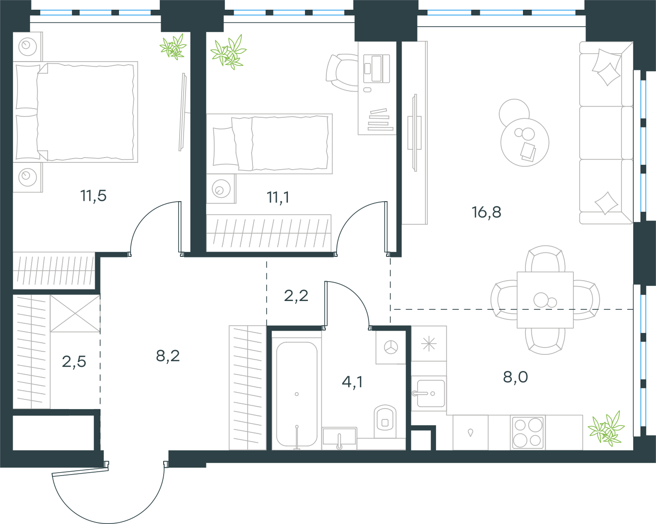 Планировка: 3-комнатная, 64,4 м²