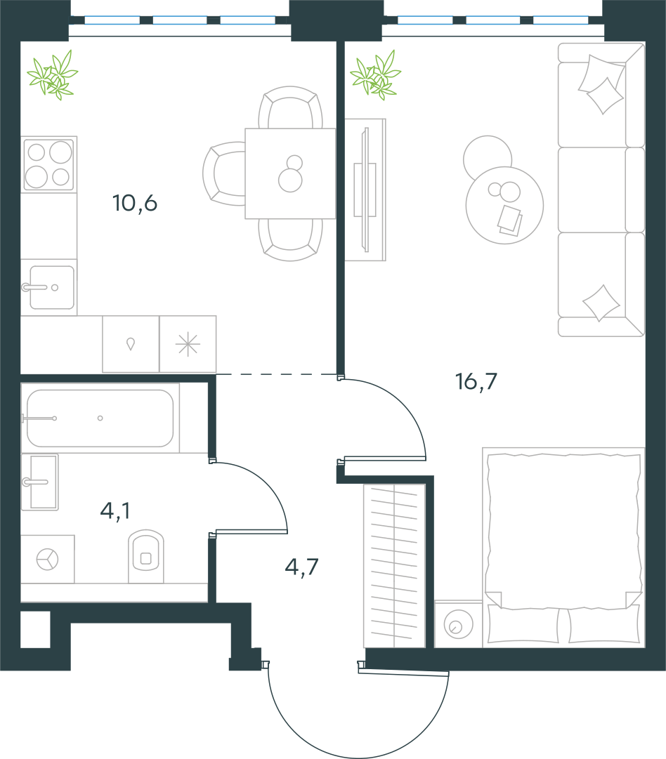 Планировка: 1-комнатная, 36,1 м²