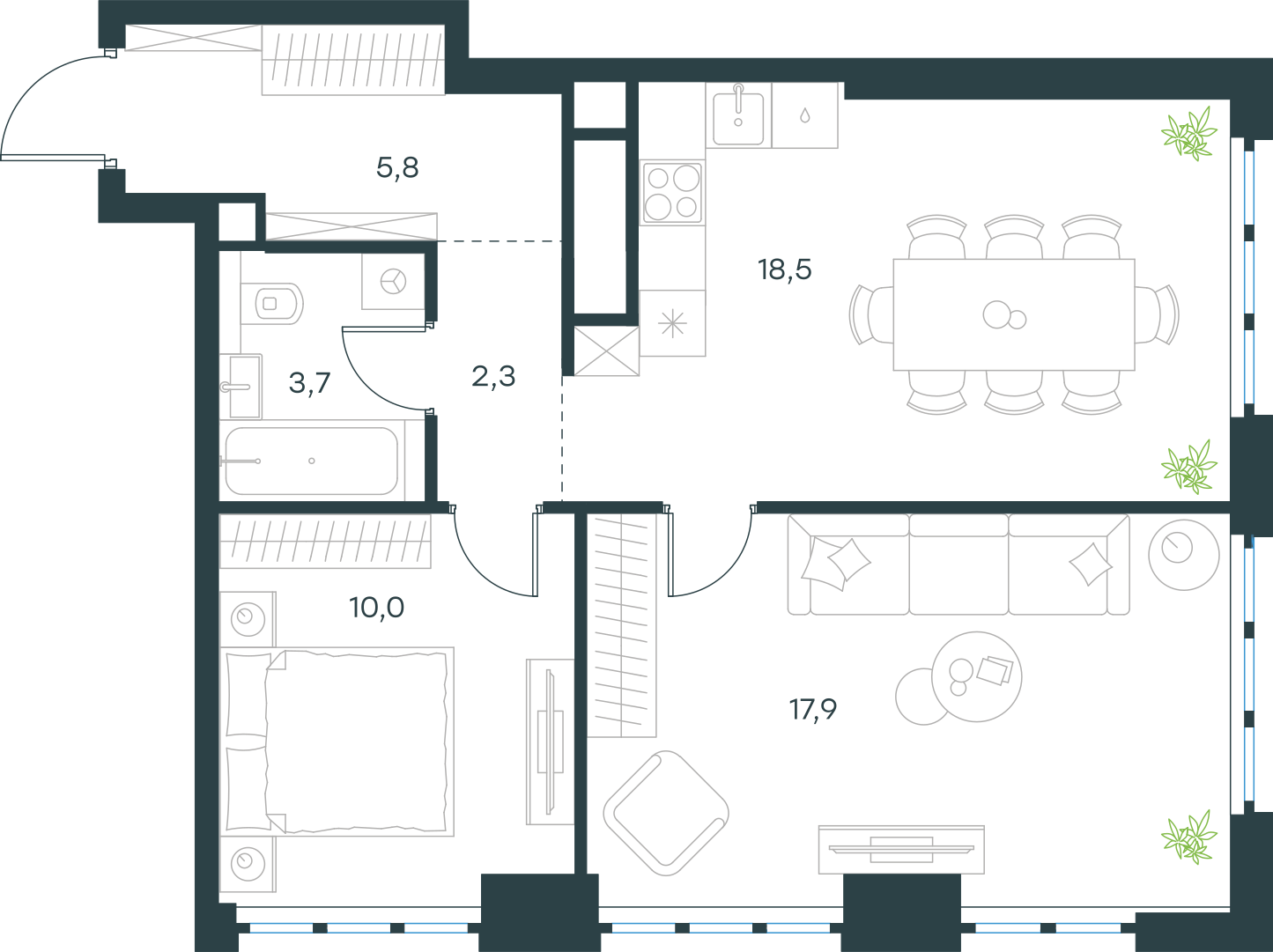 Планировка: 2-комнатная, 58,2 м²