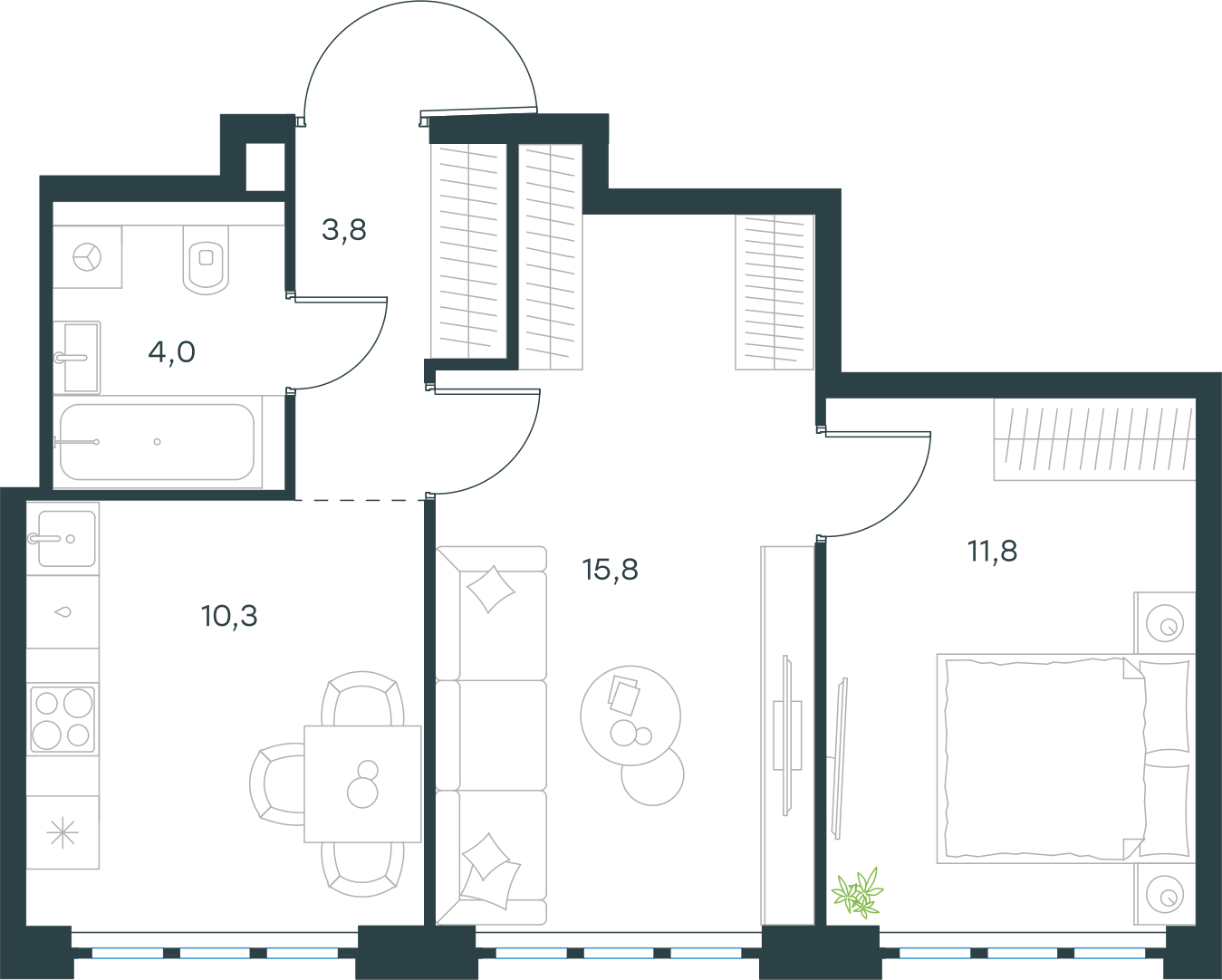 Планировка: 2-комнатная, 45,7 м²