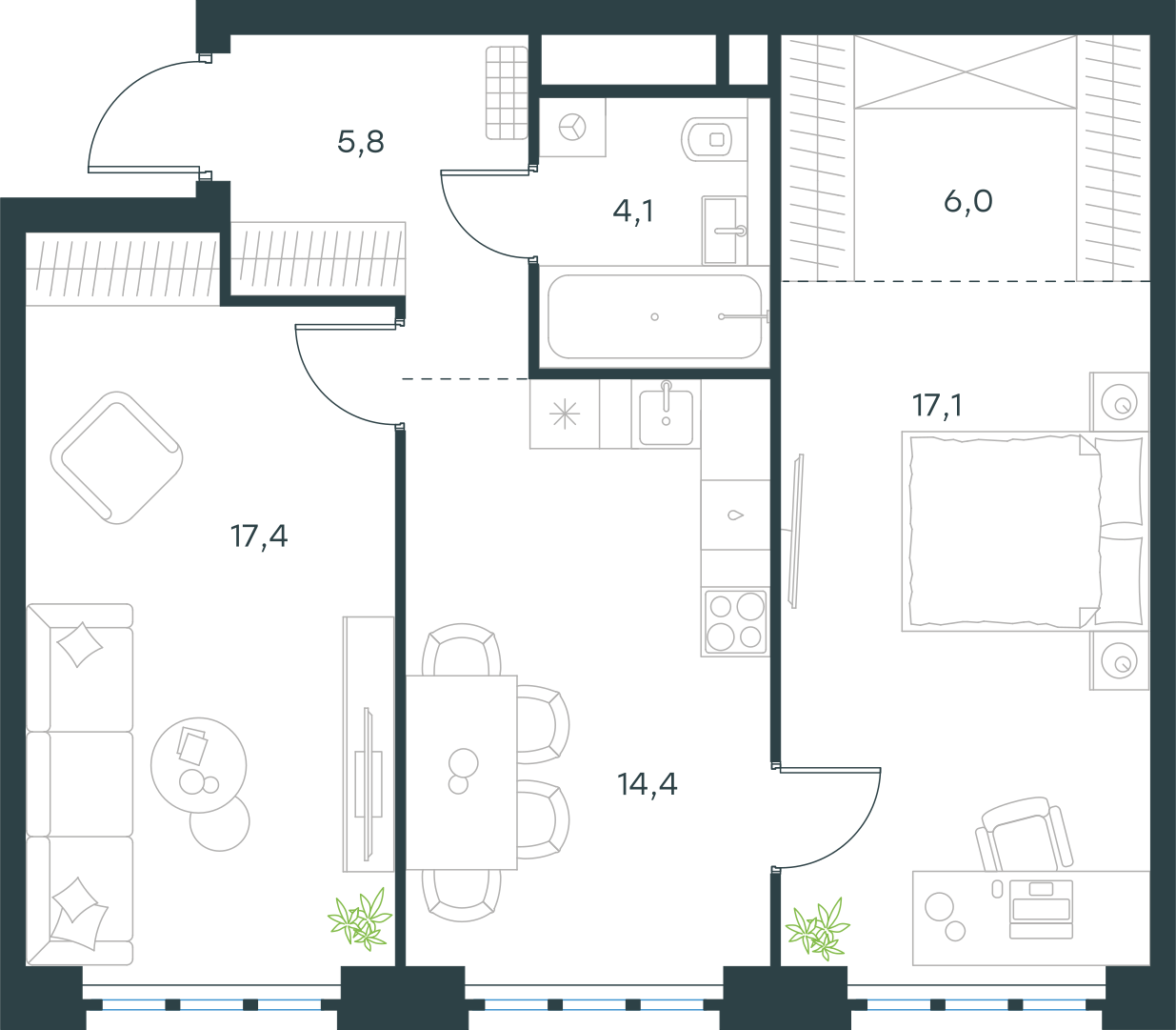 Планировка: 2-комнатная, 64,8 м²